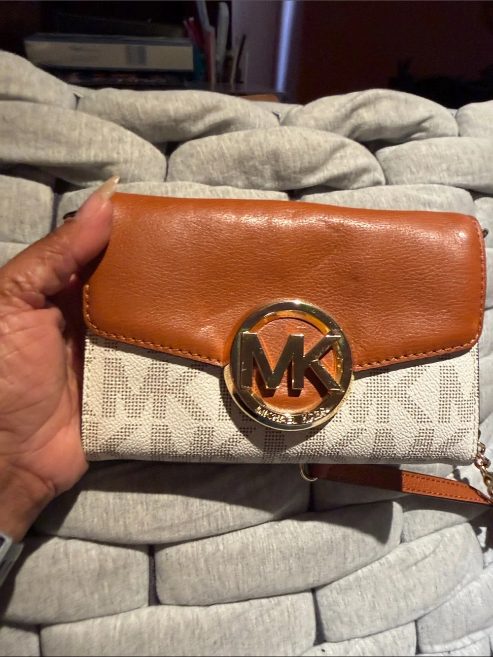 Michael Kors Tan and Cream Logo Chain Crossbody Bag